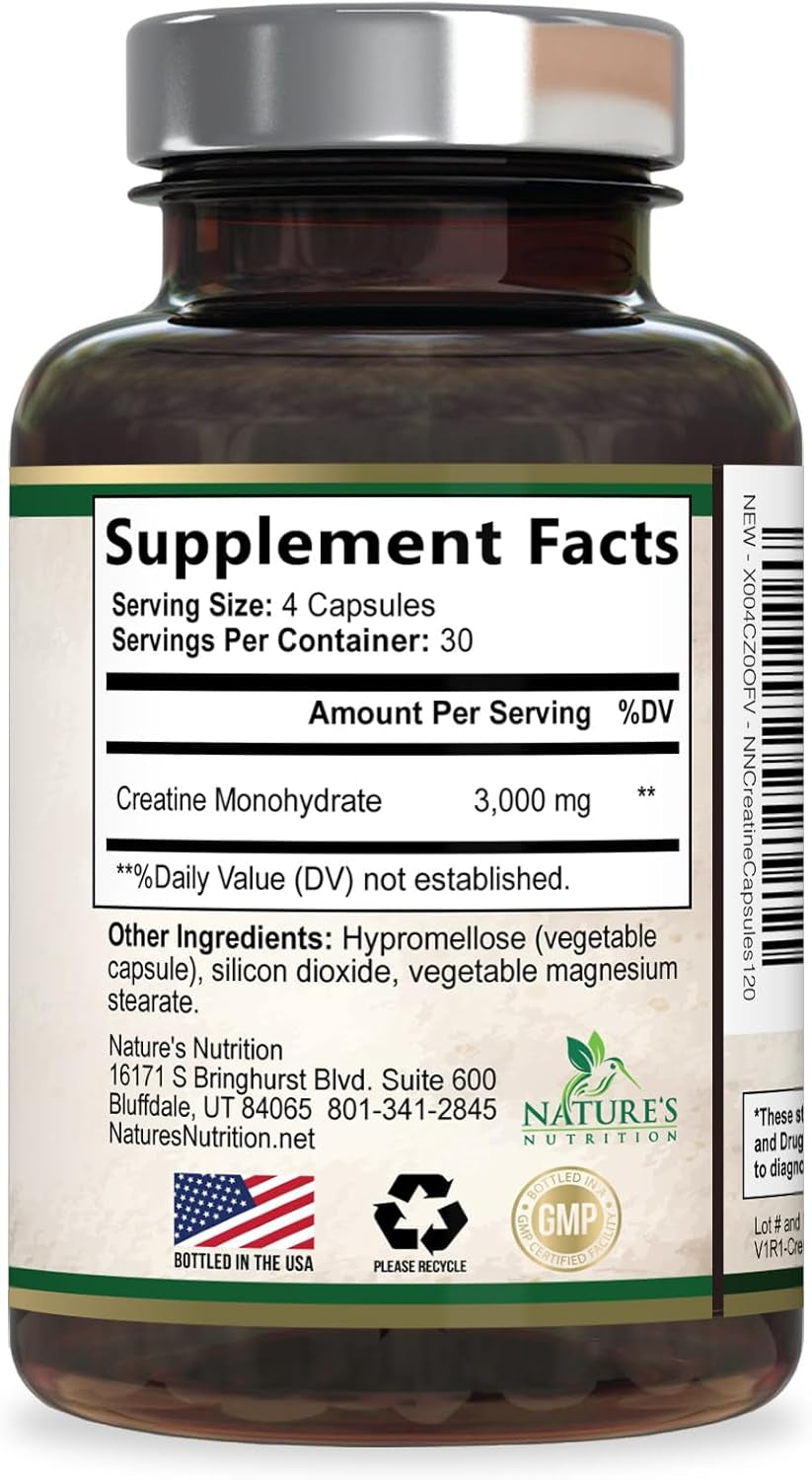 Creatine Monohydrate 3000Mg per Serving – Micronized Creatine Powder Capsules - Supports Lean Muscle, Strength, Energy, & Endurance - Nature'S Supplement, Non-Gmo, Bottled in USA - 120 Capsules