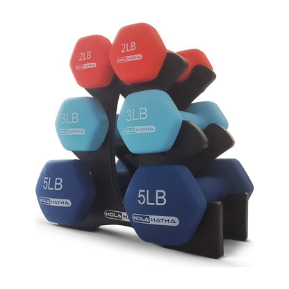 Elevate Your Workouts with the 2, 3, & 5 LB Neoprene Dumbbell Free Weight Set with Rack in Vibrant Red and Blue