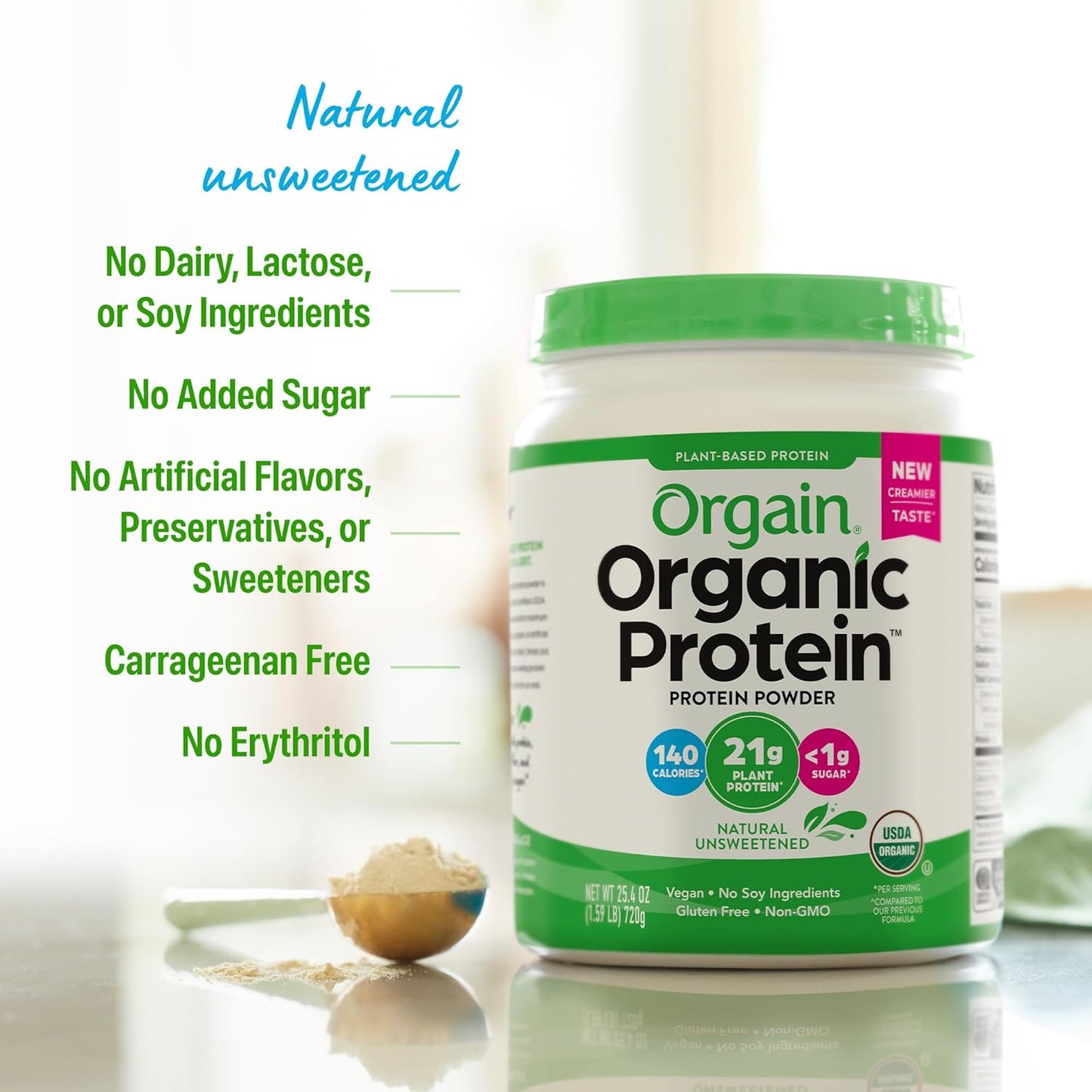 Delicious Organic Unflavored Vegan Protein Powder - 21G of Plant-Based Protein, Gluten-Free & No Sugar Added