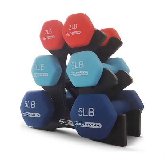 Elevate Your Workouts with the 2, 3, & 5 LB Neoprene Dumbbell Free Weight Set with Rack in Vibrant Red and Blue