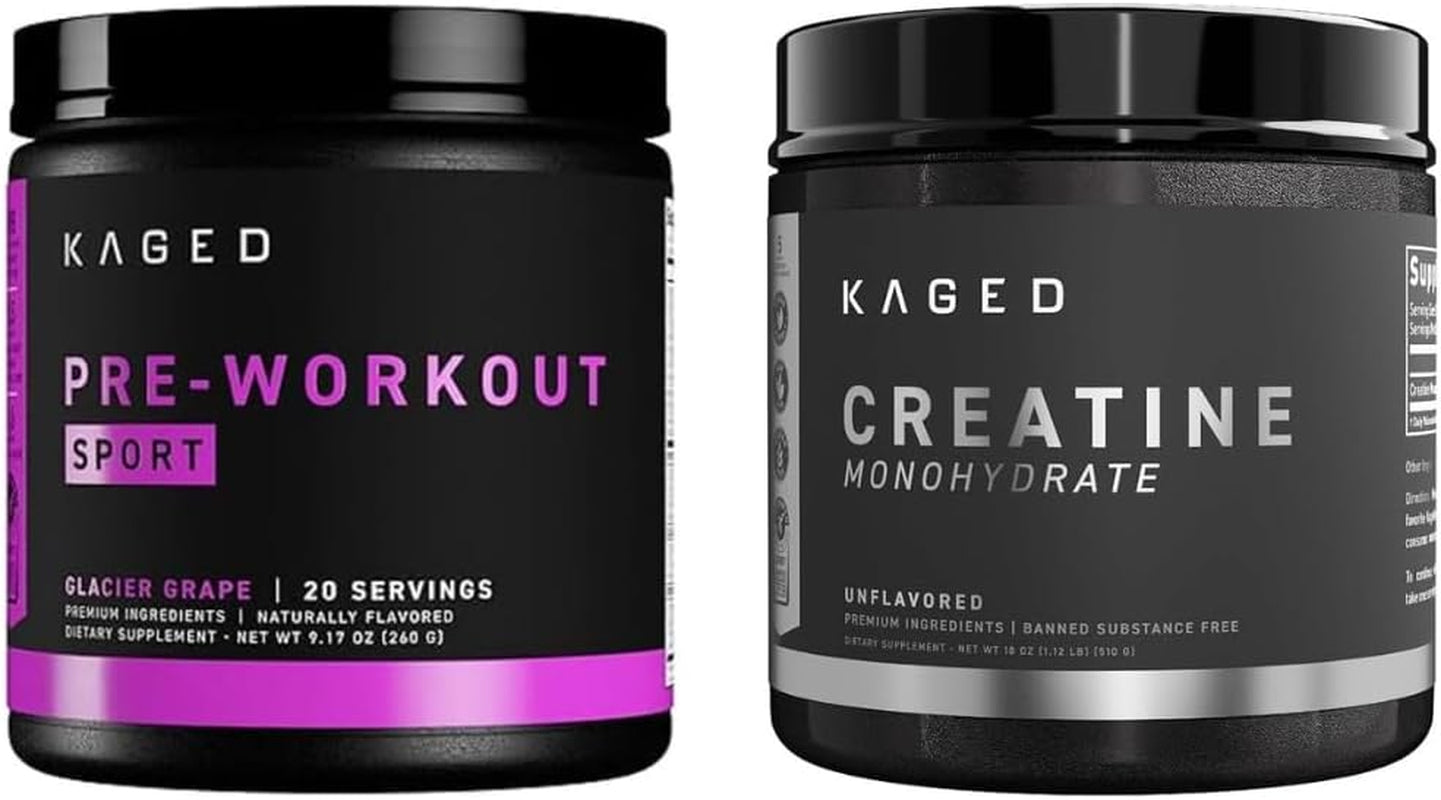 Pre Sport Pre Workout Powder Glacier Grape Creatine Monohydrate Micronized Powder Bundle, Energy & Muscle Recovery Supplement Pack, 20 Servings Pre-Workout + 100 Servings Creatin