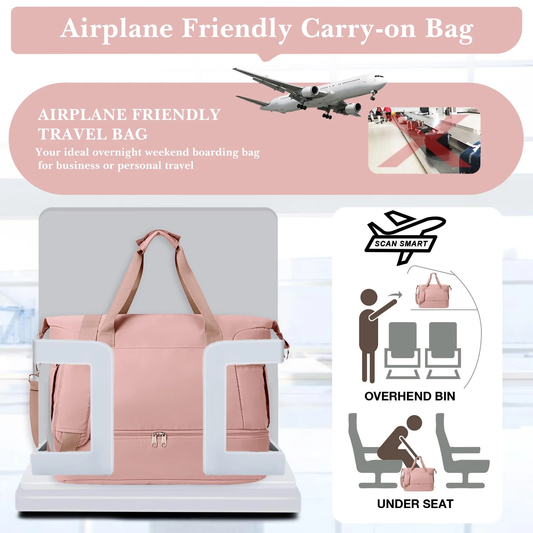 Travel Duffel Bag for Women Gym Bag with USB Charging Port Large Weekender Overnight Bag Yoga Duffle Bags with Wet Pocket and Shoes Compartment, Pink
