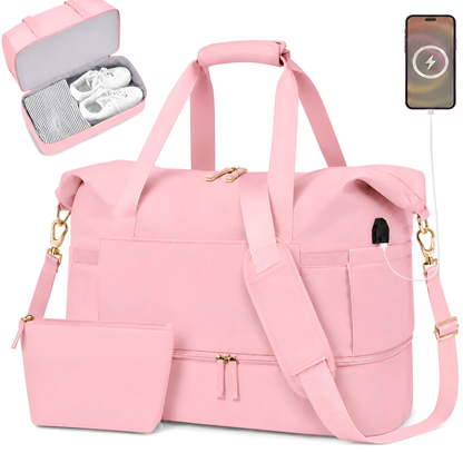 Travel Duffel Bag for Women Gym Bag with USB Charging Port Large Weekender Overnight Bag Yoga Duffle Bags with Wet Pocket and Shoes Compartment, Pink