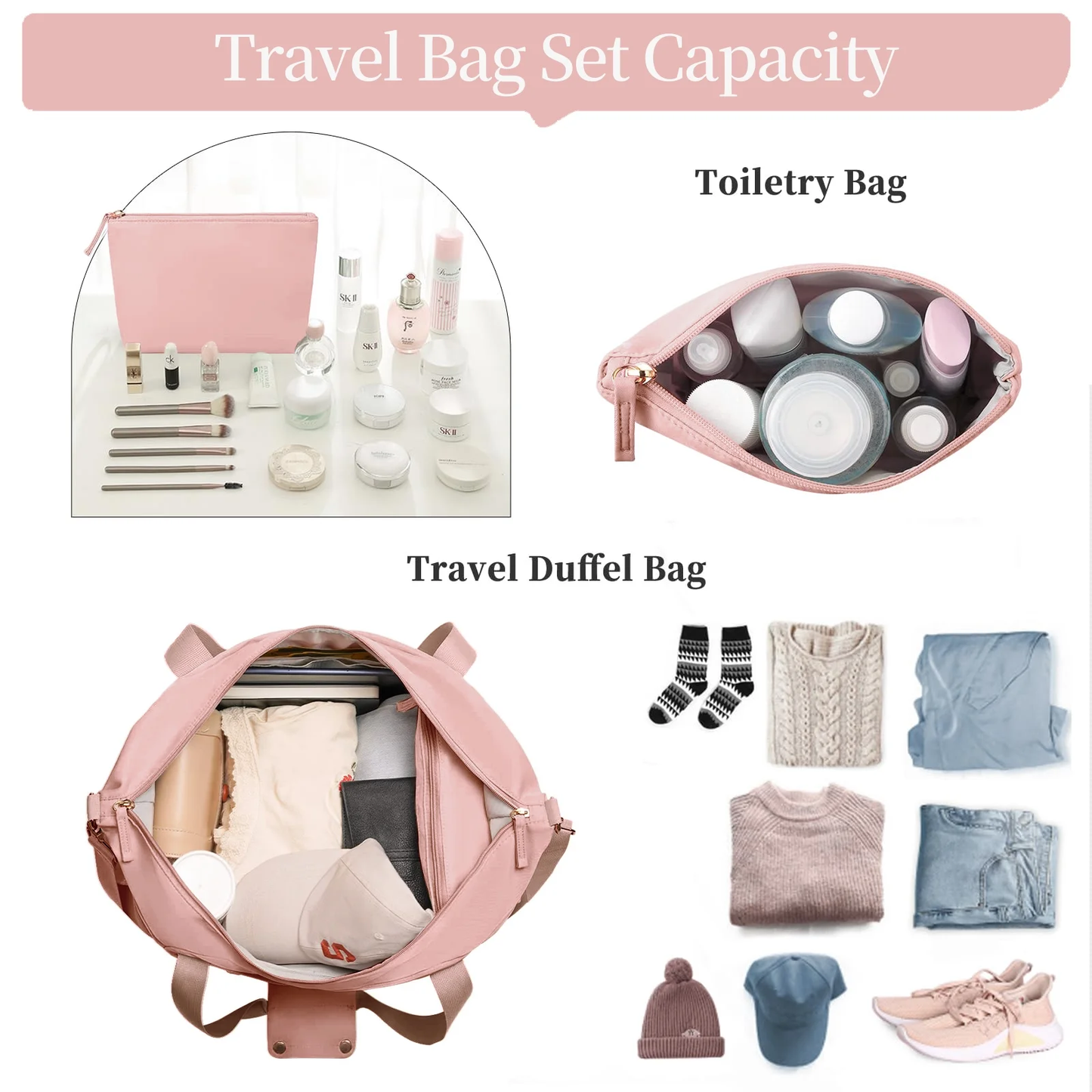 Travel Duffel Bag for Women Gym Bag with USB Charging Port Large Weekender Overnight Bag Yoga Duffle Bags with Wet Pocket and Shoes Compartment, Pink