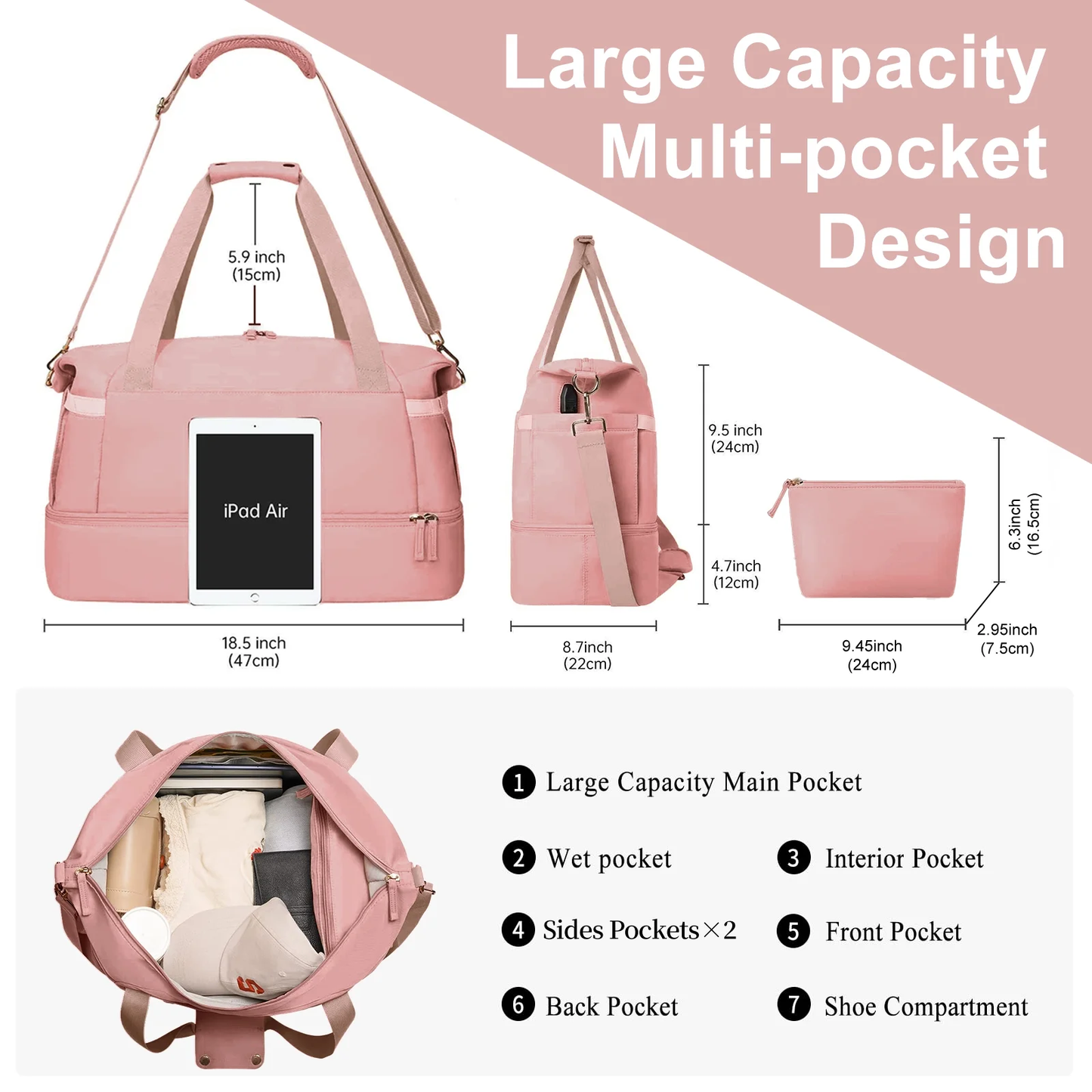 Travel Duffel Bag for Women Gym Bag with USB Charging Port Large Weekender Overnight Bag Yoga Duffle Bags with Wet Pocket and Shoes Compartment, Pink
