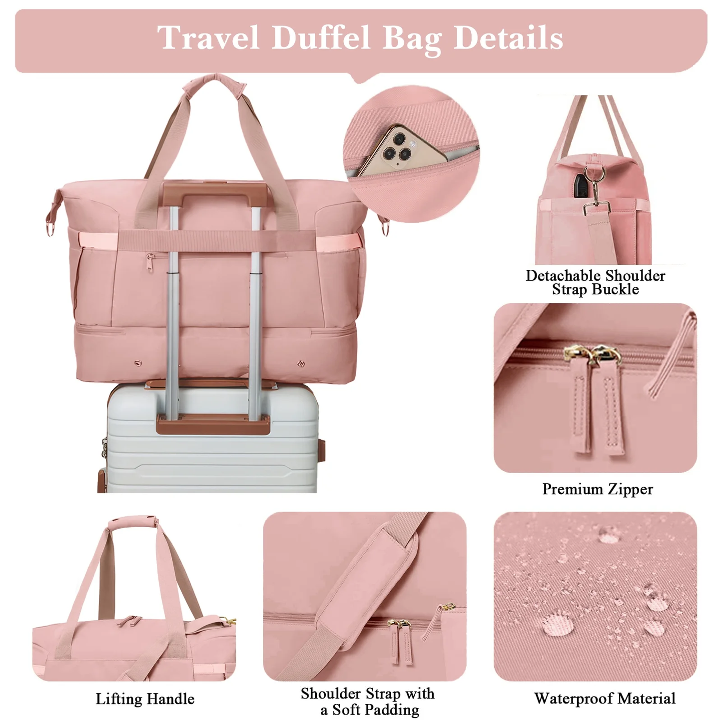 Travel Duffel Bag for Women Gym Bag with USB Charging Port Large Weekender Overnight Bag Yoga Duffle Bags with Wet Pocket and Shoes Compartment, Pink