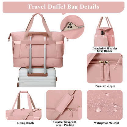 Travel Duffel Bag for Women Gym Bag with USB Charging Port Large Weekender Overnight Bag Yoga Duffle Bags with Wet Pocket and Shoes Compartment, Pink