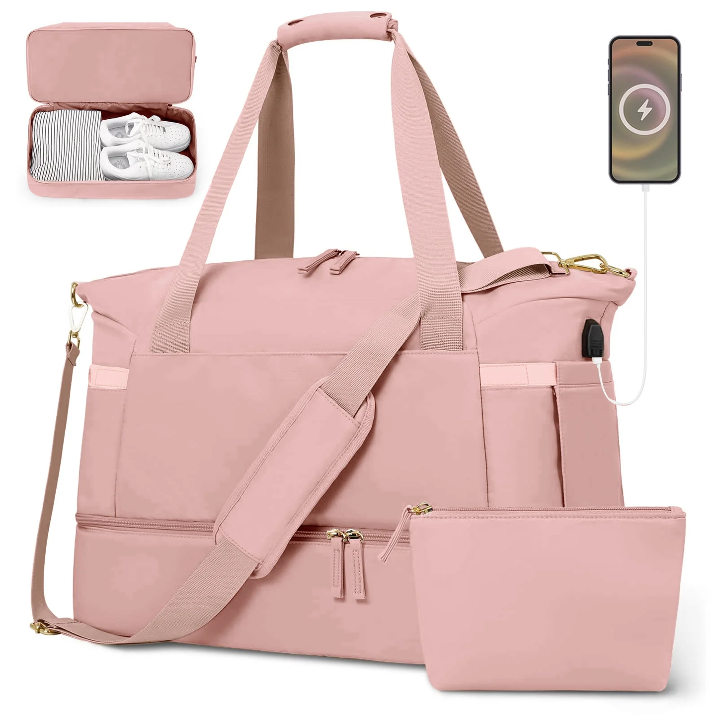 Travel Duffel Bag for Women Gym Bag with USB Charging Port Large Weekender Overnight Bag Yoga Duffle Bags with Wet Pocket and Shoes Compartment, Pink