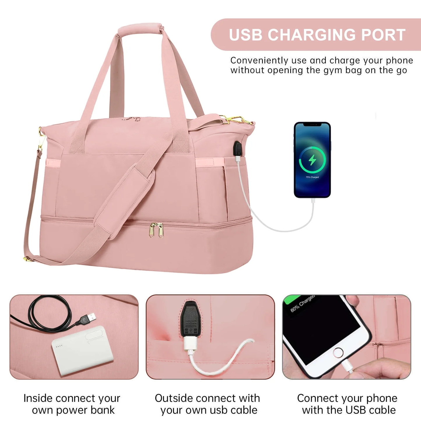 Travel Duffel Bag for Women Gym Bag with USB Charging Port Large Weekender Overnight Bag Yoga Duffle Bags with Wet Pocket and Shoes Compartment, Pink