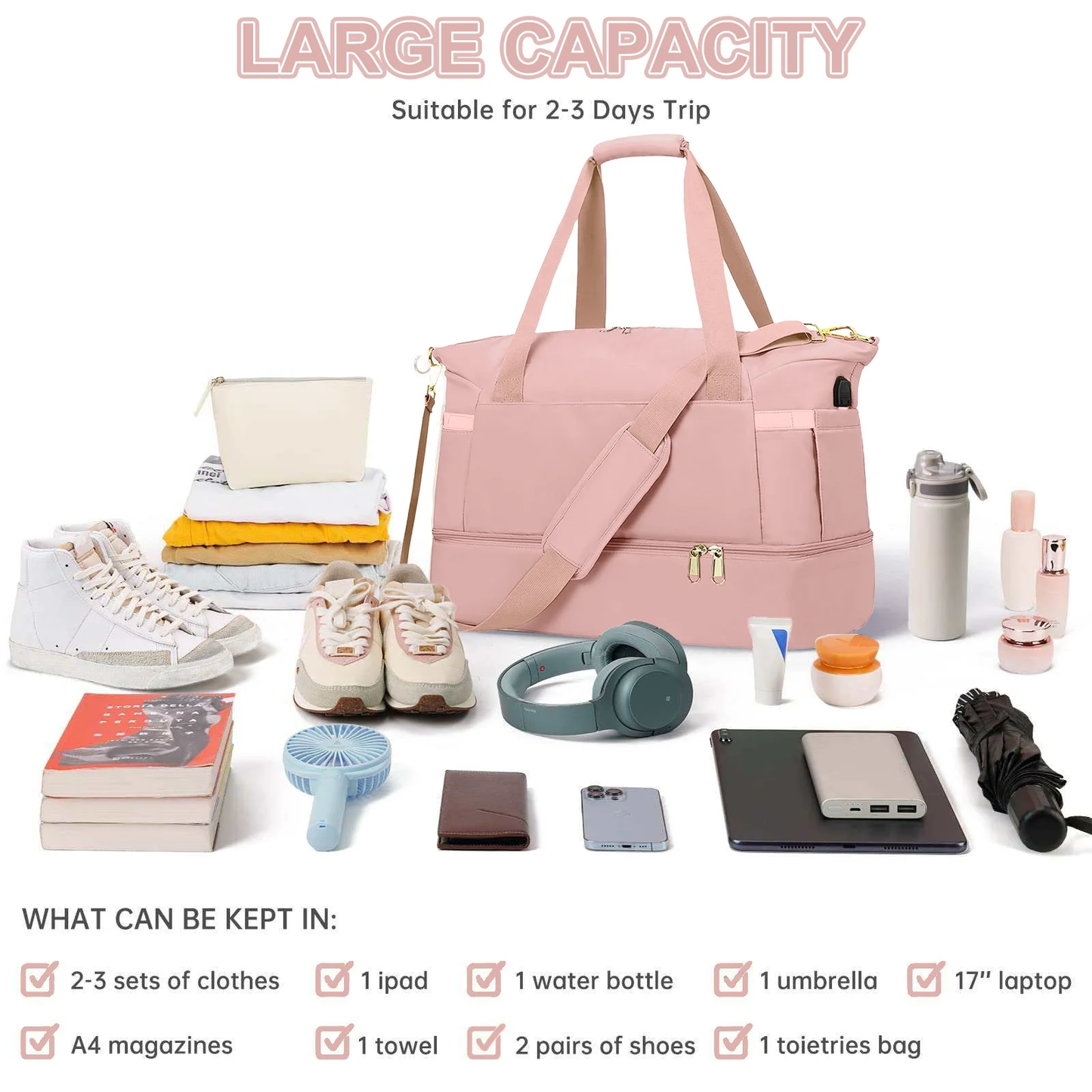 Travel Duffel Bag for Women Gym Bag with USB Charging Port Large Weekender Overnight Bag Yoga Duffle Bags with Wet Pocket and Shoes Compartment, Pink