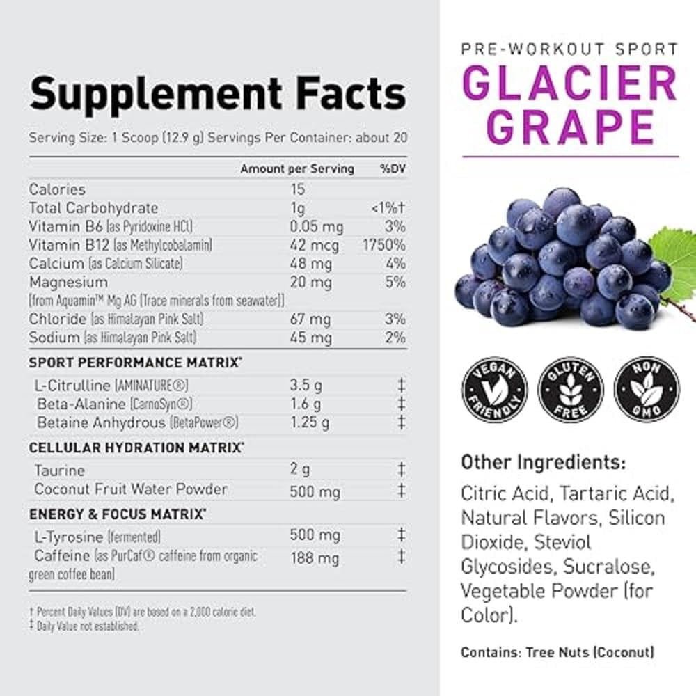 Pre Sport Pre Workout Powder Glacier Grape Creatine Monohydrate Micronized Powder Bundle, Energy & Muscle Recovery Supplement Pack, 20 Servings Pre-Workout + 100 Servings Creatin