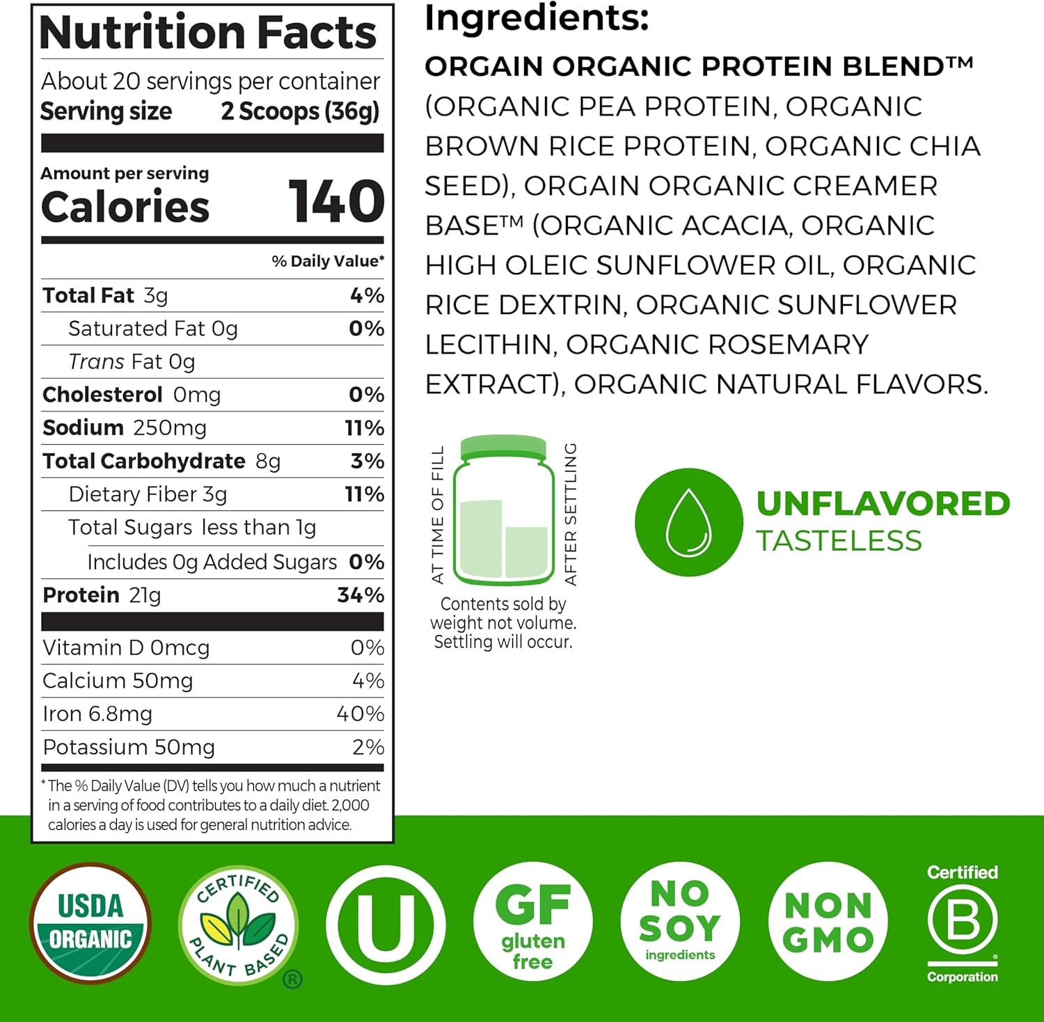 Delicious Organic Unflavored Vegan Protein Powder - 21G of Plant-Based Protein, Gluten-Free & No Sugar Added