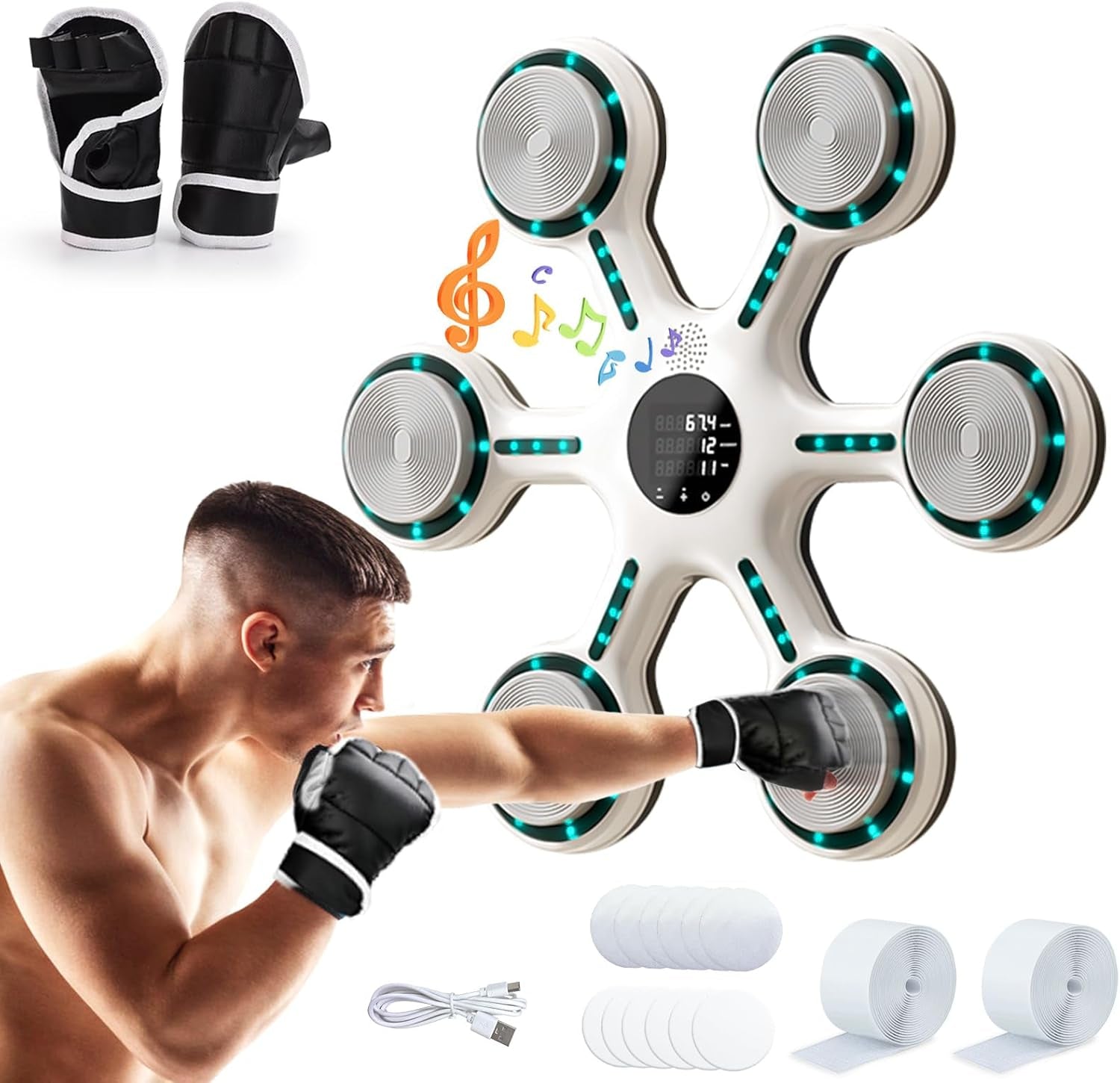 Music Boxing Machine with Bluetooth, 9-Mode Wall Mounted Boxing Trainer with LED Display, Gloves, Electronic Punching Machine for Home Gym, Fitness & Reflex Training for Adults, Teens